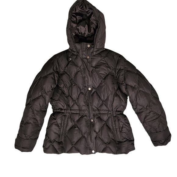 Lands' End Down Puffer Coat.  Black, with hood & cinch waist. Long Size 1X EUC - Picture 1 of 14